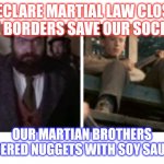 What? | DECLARE MARTIAL LAW CLOSE THE BORDERS SAVE OUR SOCIETY; OUR MARTIAN BROTHERS ORDERED NUGGETS WITH SOY SAUCE? | image tagged in funny memes | made w/ Imgflip meme maker