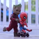 Baby Groot and Spider-Man
