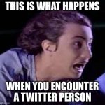 pure unadulterated fear | THIS IS WHAT HAPPENS; WHEN YOU ENCOUNTER A TWITTER PERSON | image tagged in pure unadulterated fear | made w/ Imgflip meme maker