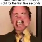 Somebody help | When the shower water is cold for the first five seconds: | image tagged in dwight screaming,memes,funny,true story,relatable memes,shower | made w/ Imgflip meme maker
