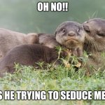 Otter kiss | OH NO!! IS HE TRYING TO SEDUCE ME? | image tagged in otter kiss | made w/ Imgflip meme maker