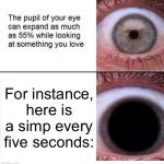 Simps amirite? | For instance, here is a simp every five seconds: | image tagged in the pupil of your eye can expand,simps | made w/ Imgflip meme maker