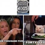 Lady screams at cat | FORTY O FIVE; FOUR THOUSAND FIVE | image tagged in lady screams at cat | made w/ Imgflip meme maker