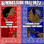 What side are you guys on? | WHAT SIDE YALL IN? FLUSHING BEFORE WASHING YOUR HANDS; FLUSHING AFTER WASHING YOUR HANDS | image tagged in blood and crip | made w/ Imgflip meme maker