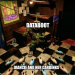 databoot live reaction to diancie and her carbinks running towards him | DATABOOT; DIANCIE AND HER CARBINKS | image tagged in dipsy tubbybot getting scared by a noo-noo horde,memes | made w/ Imgflip meme maker