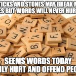 Sticks and Stones may break my bones | STICKS AND STONES MAY BREAK MY BONES BUT WORDS WILL NEVER HURT ME. SEEMS WORDS TODAY EASILY HURT AND OFFEND PEOPLE | image tagged in scrabble letters | made w/ Imgflip meme maker