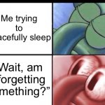 Does this happen to anyone? | Me trying to peacefully sleep; “Wait, am I forgetting something?” | image tagged in squidward sleeping | made w/ Imgflip meme maker