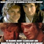Sam and Frodo Reading Darkstalker | US READING ABOUT CLEARSLIGHT AND DARKSTALKER AT THE BEGINNING OF THEIR RELATIONSHIP; US READING ABOUT CLEARSLIGHT AND DARKSTALKER AT THE END OF THEIR RELATIONSHIP | image tagged in sam and frodo before and after mt doom | made w/ Imgflip meme maker