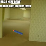 nerf in da backrooms | THE NERF DART 0.001 SECONDS LATER; ME: *FIRES A NERF DART* | image tagged in so true memes | made w/ Imgflip meme maker