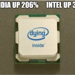 Year to date | NVIDIA UP 206%      INTEL UP 31% | image tagged in cpu dying inside,stocks,stock market,semiconductors | made w/ Imgflip meme maker