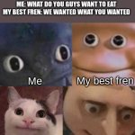 When me and my friends hang out but we cant decide what to eat | ME: WHAT DO YOU GUYS WANT TO EAT
MY BEST FREN: WE WANTED WHAT YOU WANTED; My best fren; Me; My fren who litterally I never see; My other fren who has a bad temper | image tagged in four faces awkward realization | made w/ Imgflip meme maker