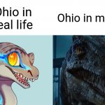 Please just stop | Ohio in real life; Ohio in memes | image tagged in cute vs scary blue,ohio,blue,jurassic world | made w/ Imgflip meme maker
