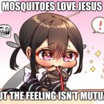 Mosquitoes Love JESUS | MOSQUITOES LOVE JESUS; BUT THE FEELING ISN'T MUTUAL | image tagged in cute mosquito girl,jesus,love,troll face | made w/ Imgflip meme maker