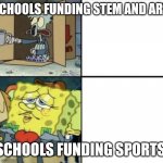 Poor vs rich | SCHOOLS FUNDING STEM AND ART; SCHOOLS FUNDING SPORTS | image tagged in poor vs rich | made w/ Imgflip meme maker