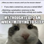 Cat looks inside | When you clean a vacuum, aren't you the vacuum cleaner? If you stab a cereal box, are you a cereal killer? Watching a graduation ceremony is like sitting through a movie thats entirely end credits. MY THOUGHTS AT 3 AM WHEN I'M TRYING TO SLEEP | image tagged in cat looks inside,shower thoughts,sleep | made w/ Imgflip meme maker
