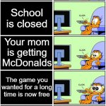 I wish I was this lucky | You wake up; School is closed; Your mom is getting McDonalds; The game you wanted for a long time is now free; All of your best friends are online | image tagged in garfield reaction | made w/ Imgflip meme maker