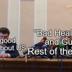 Natalia Poklonskaya Behind Microphones | "Bad Healthcare and Guns"; The good things about US; Rest of the World | image tagged in natalia poklonskaya behind microphones,america,usa | made w/ Imgflip meme maker
