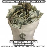Bag of money | PROVERBS 23:5    NKJV             WILL YOU SET YOUR EYES ON THAT WHICH IS NOT? FOR RICHES CERTAINLY MAKE THEMSELVES WINGS;
THEY FLY AWAY LIKE AN EAGLE TOWARD HEAVEN. | image tagged in bag of money | made w/ Imgflip meme maker