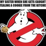 WHO TOOK THE COOKIE FROM THE COOKIE JAR | MY SISTER WHEN SHE GETS CAUGHT STEALING A COOKIE FROM THE KITCHEN: | image tagged in ghostbusters,sister,cookies | made w/ Imgflip meme maker