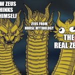 dragons | HOW ZEUS THINKS OF HIMSELF; ZEUS FROM NORSE MYTHOLOGY; THE REAL ZEUS | image tagged in dragons | made w/ Imgflip meme maker