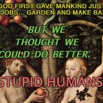 But we thought we could do better. | GOD FIRST GAVE MANKIND JUST TWO JOBS… GARDEN AND MAKE BABIES. BUT WE THOUGHT WE COULD DO BETTER. STUPID HUMANS | image tagged in adam and eve | made w/ Imgflip meme maker