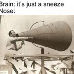 *Brain comes out of nose* | Brain: it’s just a sneeze 
Nose: | image tagged in loud mouth | made w/ Imgflip meme maker