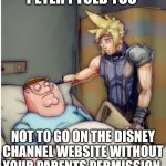 Peter i told you | PETER I TOLD YOU; NOT TO GO ON THE DISNEY CHANNEL WEBSITE WITHOUT YOUR PARENTS PERMISSION | image tagged in peter i told you | made w/ Imgflip meme maker