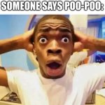 This was my childhood | 4 YEAR OLDS WHEN SOMEONE SAYS POO-POO: | image tagged in shocked black guy | made w/ Imgflip meme maker
