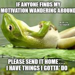 Lazy frog | IF ANYONE FINDS MY MOTIVATION WANDERING AROUND; MEMEs by Dan Campbell; PLEASE SEND IT HOME . . . 
I HAVE THINGS I GOTTA' DO | image tagged in lazy frog | made w/ Imgflip meme maker