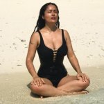 Salma Hayek boobs meditation Zen beach calm JPP