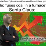 *visible confusion* | Santa Claus: *gives me coal because i haven’t been good*; Me: *uses coal in a furnace*; Santa Claus: | image tagged in confused stonks,memes,funny,santa claus,christmas | made w/ Imgflip meme maker