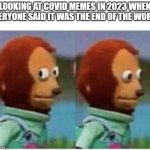 side eye teddy | LOOKING AT COVID MEMES IN 2023 WHEN EVERYONE SAID IT WAS THE END OF THE WORLD | image tagged in side eye teddy | made w/ Imgflip meme maker