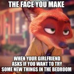 Nick's Naughty Ideas | THE FACE YOU MAKE; WHEN YOUR GIRLFRIEND ASKS IF YOU WANT TO TRY SOME NEW THINGS IN THE BEDROOM | image tagged in nick wilde smirk,zootopia,nick wilde,the face you make when,bedroom,funny | made w/ Imgflip meme maker
