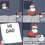 Looks like Santa doesn't just deliver toys... | HI DAD; YOU KNOW TOO MUCH KID... | image tagged in letter to murderous santa,dark humor,memes | made w/ Imgflip meme maker