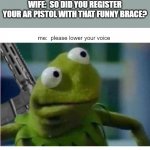 Kermit AR | WIFE:  SO DID YOU REGISTER YOUR AR PISTOL WITH THAT FUNNY BRACE? me:  please lower your voice | image tagged in kermit ar,ar15 | made w/ Imgflip meme maker