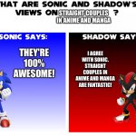 What Are Sonic And Shadows Views on..... | STRAIGHT COUPLES IN ANIME AND MANGA; THEY'RE 100% AWESOME! I AGREE WITH SONIC. STRAIGHT COUPLES IN ANIME AND MANGA ARE FANTASTIC! | image tagged in what are sonic and shadows views on | made w/ Imgflip meme maker