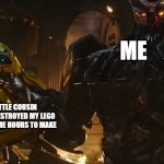 Scourge chokes Bumblebee | ME; MY LITTLE COUSIN AFTER HE DESTROYED MY LEGO THAT TOOK ME HOURS TO MAKE | image tagged in scourge chokes bumblebee | made w/ Imgflip meme maker