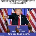 You are fake news.  | WHEN PEOPLE TELL YOU YOU CAN’T PUNCH THE TEACHER
BUT YOU KNOW YOU CAN. | image tagged in you are fake news | made w/ Imgflip meme maker