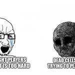 The pain is real | DEAD CELLS PLAYERS TRYING TO PLAY THE GAME; HOLLOW KNIGHT PLAYERS SAYING HORNET IS TOO HARD | image tagged in crying wojak vs withered wojak,hollow knight,dead cells,gaming | made w/ Imgflip meme maker