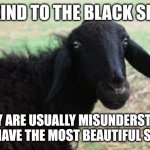 Be kind | BE KIND TO THE BLACK SHEEP; THEY ARE USUALLY MISUNDERSTOOD AND HAVE THE MOST BEAUTIFUL SOULS | image tagged in black sheep,memes,be kind | made w/ Imgflip meme maker