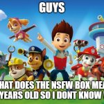I love being young | GUYS; WHAT DOES THE NSFW BOX MEAN
(IM 7 YEARS OLD SO I DONT KNOW WHY) | image tagged in paw patrol,underage,what does the fox say,funny,memes,what is the nsfw | made w/ Imgflip meme maker
