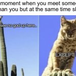 Literally | The moment when you meet someone older than you but at the same time shorter: | image tagged in i see no god up here except for me but bobcat,memes,funny,relatable,tall | made w/ Imgflip meme maker