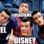 Disney bought Marvel, Lucasfilms and Fox | LUCASFILMS; FOX; MARVEL; DISNEY | image tagged in robbie rotten's dream team,disney,marvel,george lucas,star wars,fox | made w/ Imgflip meme maker