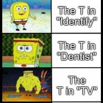 Unoriginal Joke but whatever | The T in "Tsunami"; The T in "Identify"; The T in "Dentist"; The T in "TV"; The T in "Tea" | image tagged in 5-tier buff spongebob,memes,funny,t,why are you reading this | made w/ Imgflip meme maker