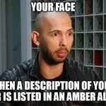 when a description of your car is listed in an amber alert | YOUR FACE; WHEN A DESCRIPTION OF YOUR CAR IS LISTED IN AN AMBER ALERT | image tagged in tate,funny,amber alert,car,crime | made w/ Imgflip meme maker