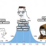 IQ chart | USING NORMAL WORDS; USING NORMAL WORDS; USING COMPLICATED WORDS TO MAKE YOURSELF SOUND SMART | image tagged in iq chart | made w/ Imgflip meme maker