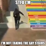 lol i remember finding this meme in a video | STFU I'M; I'M NOT TAKING THE GAY STAIRS | image tagged in gay stairs | made w/ Imgflip meme maker