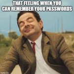 Passwords | THAT FEELING WHEN YOU CAN REMEMBER YOUR PASSWORDS | image tagged in mr bean happy face | made w/ Imgflip meme maker