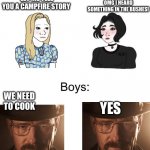 Image title | LET ME TELL YOU A CAMPFIRE STORY; AT CAMPOUTS; OMG I HEARD SOMETHING IN THE BUSHES! WE NEED TO COOK; YES | image tagged in wojak girls vs boys | made w/ Imgflip meme maker