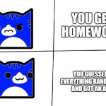 Geometry Dash Drake Meme Template | YOU GET HOMEWORK; YOU GUESSED EVERYTHING RANDOMLY AND GOT AN A+ | image tagged in geometry dash drake meme template | made w/ Imgflip meme maker